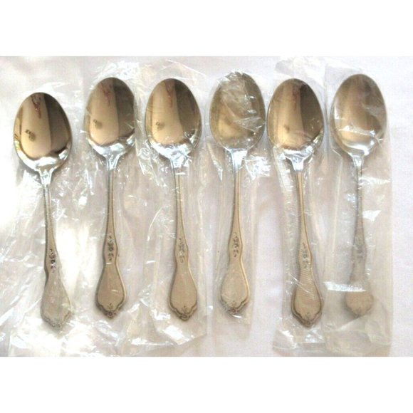 Set 6 Oval Soup Spoons Oneida MORNING BLOSSOM Stainless Steel BRAND NEW - Picture 1 of 6
